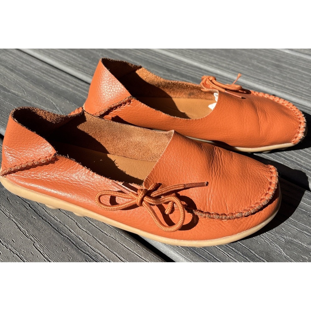 Leather Loafers Size 7.5‎ Slip On Kunsto Orange Casual Loafer Flats